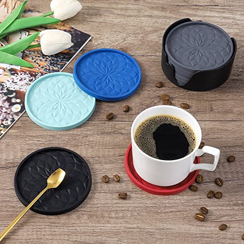 Silicone Drink Coasters with Holder - Set of 6 Non-Slip Cup Mats (Black)