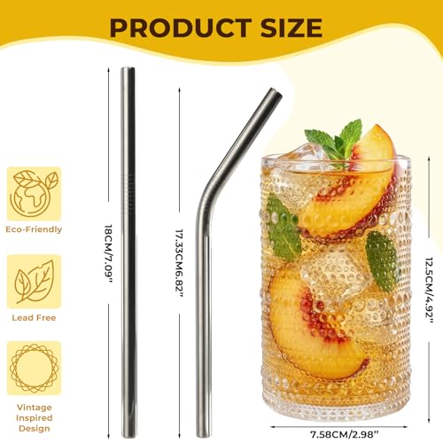 12-Piece Vintage Hobnail Drinking Glass Set with Stainless Steel Straws