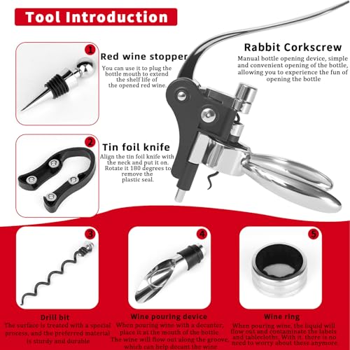 Rabbit Wine Opener Set with Corkscrew, Foil Cutter & Accessories - Stainless Steel Lever Bottle Opener