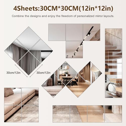 12x12 Inch Acrylic Mirror Tiles (4-Pack) - Shatterproof Self-Adhesive Wall Mirrors