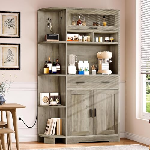 67-Inch Farmhouse Kitchen Hutch with Charging Station, Drawer and Shelves