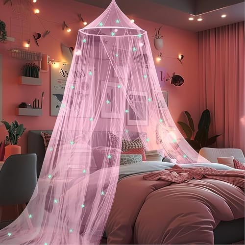 Pink Bed Canopy for Girls with Glow-in-The-Dark Stars, Princess Bed Curtain - Daksha, Pink with Stars