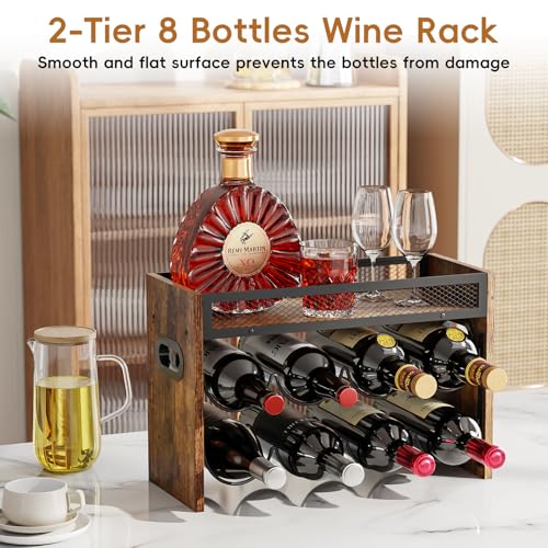 2-Tier Wooden Wine Rack - Holds 8 Bottles for Kitchen and Bar Storage