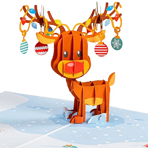 Paper Love 3D Reindeer Pop Up Christmas Card with Envelope & Removable Note Tag (5 x 7) - Reindeer Variation