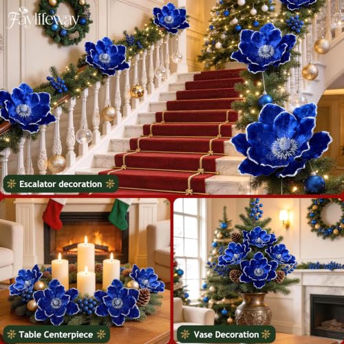 Blue 8PCS Large Christmas Magnolia Flower Decorations for Tree & Wreath