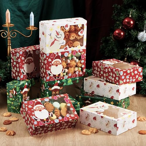 JOYIN 12-Pack Christmas Cookie Boxes with Window - 8.75 x 5.75 x 2.75 in Gift Boxes (Green/Red/White) for Cookies, Cupcakes & Pastries, festive holiday
