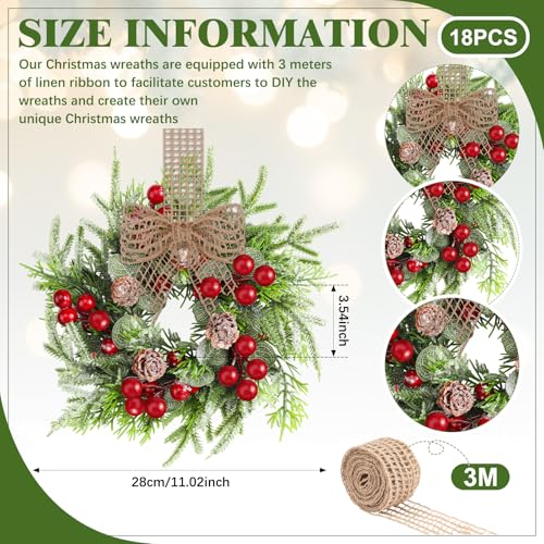 Dingion 18 Pcs Mini Christmas Wreaths for Cabinets with Pine Cones & Bows - 9in