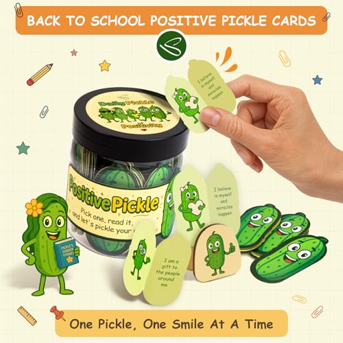 Positive Pickle Jar with 60 Affirmation Cards and Wooden Display Stand