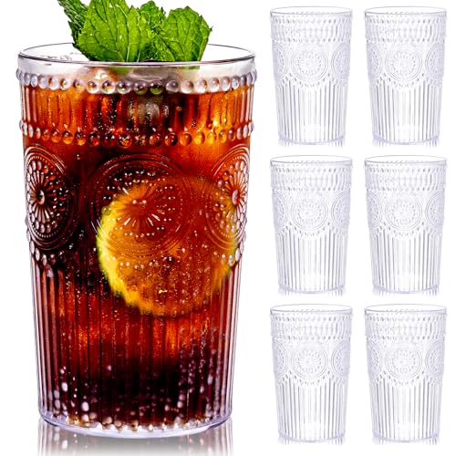 12-Pack 14 oz Embossed Plastic Drinking Glasses, Vintage Ribbed Water Cups