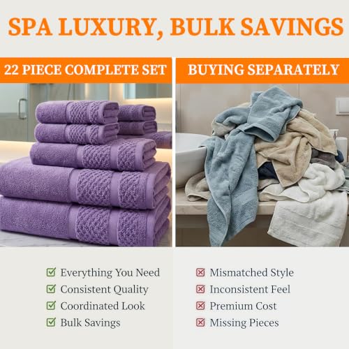 Soft Cotton Bath Towel Set - 22-Piece Absorbent Bathroom Towels in Purple