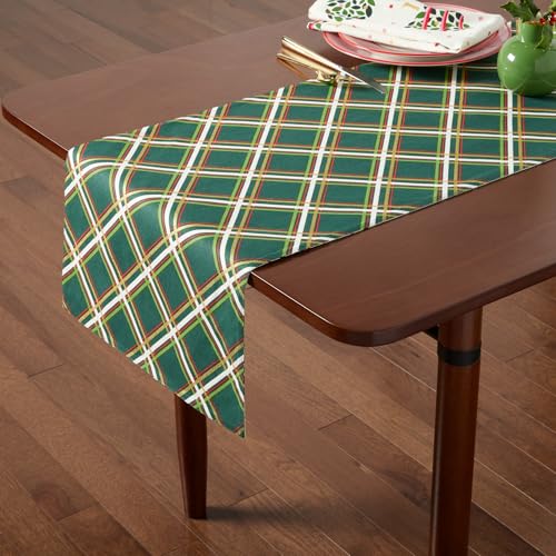 kate spade new york Holiday Confetti & Acrobat Plaid Reversible Holiday Table Runner, 100% Cotton with Metallic Print, Machine Washable, Cream/Green, 15"x72"