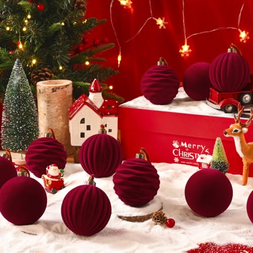 Waipfaru Burgundy Red Velvet Christmas Ornaments Set, 4pcs 5.9 Inch Large Holiday Baubles