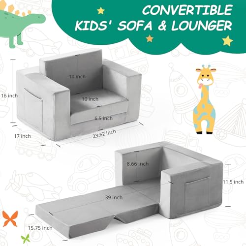2-in-1 Foldable Toddler Sofa Chair - Grey Velvet Kids Recliner