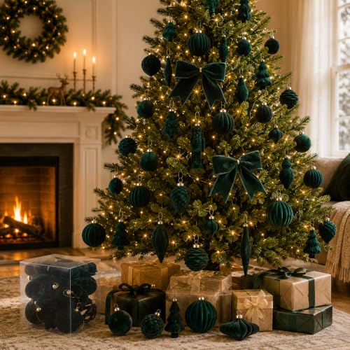42Pcs Velvet Green Christmas Ball Ornaments Set, Flocked Shatterproof Xmas Ornaments