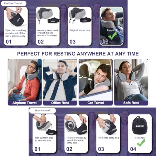 napfun Memory Foam Travel Neck Pillow for Airplane and Flight