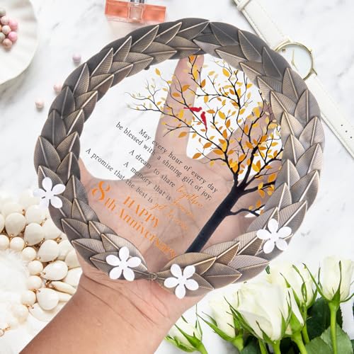 8th Anniversary Crystal Plate with Bronze Wreath and Wood Stand