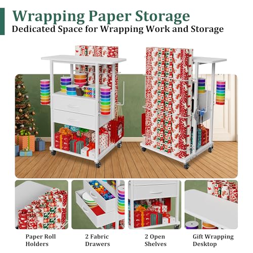 Rolling Gift Wrapping Paper Storage Cart with Fabric Drawers and Hooks
