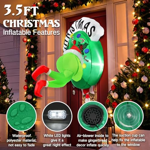 3.5ft Inflatable Christmas Wreath with Green Giant Monster, LED Lighted Outdoor Decor