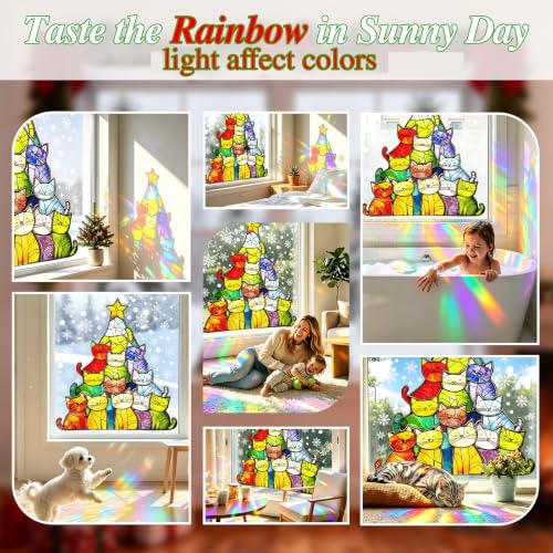 Colorful Christmas Window Clings - Cat Design Decorative Holiday Decals