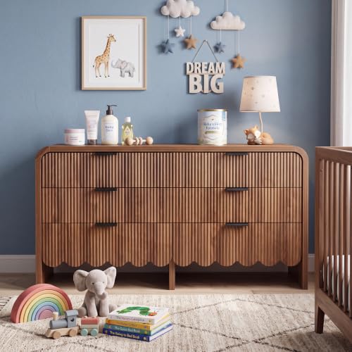 YMW Walnut Scalloped Dresser with 6 Drawers, 15.4"D x 59.1"W x 29.5"H Bedroom Storage