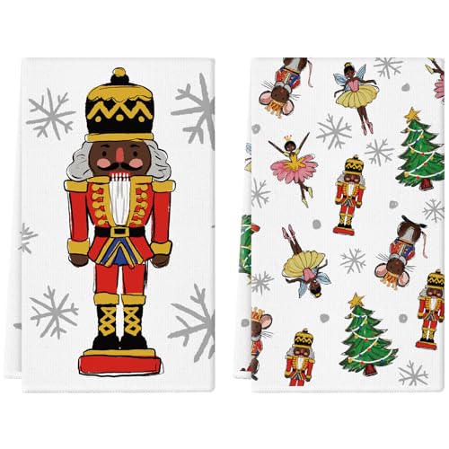 Christmas Kitchen Towels Set of 2 - Black Nutcracker & Santa Holiday Dish Towels