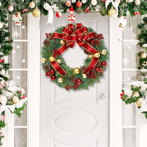 Elyum 16 Inch Christmas Wreath with Lights – 2 Pack Front Door Decor Balls Berries Pine Cones