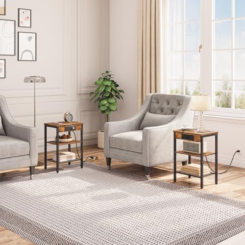 3-Tier Side Table with Charging Station & USB Ports - Rustic Brown