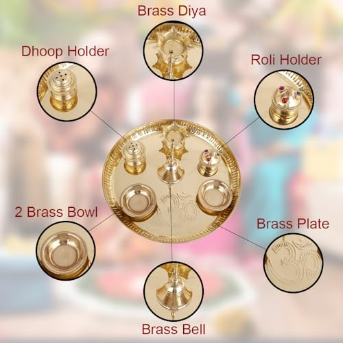 Brass Puja Thali Set - 8.75 Inch Aarti Thali with Diya and Bell for Home Mandir
