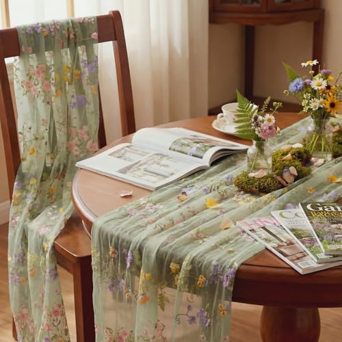 Sage Green Floral Embroidered Table Runner 120-Inch Sheer Spring Decor