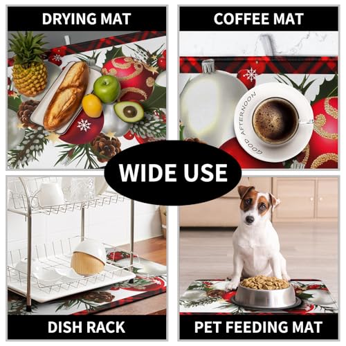 Christmas Buffalo Plaid Dish Drying Mat - Reversible Microfiber 18x24in - Holiday Kitchen Counter Decor
