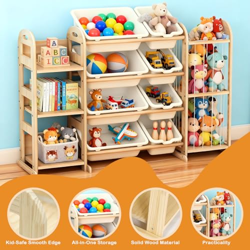 Solid Pine Toy Storage Organizer with 8 Bins and 3 Shelves
