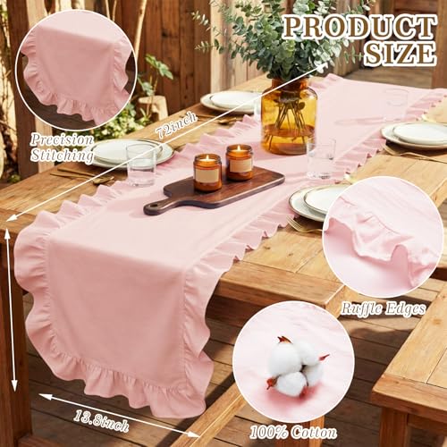 14 x 72 Pink Ruffled Table Runner – 100% Cotton, Scalloped Edge, Washable