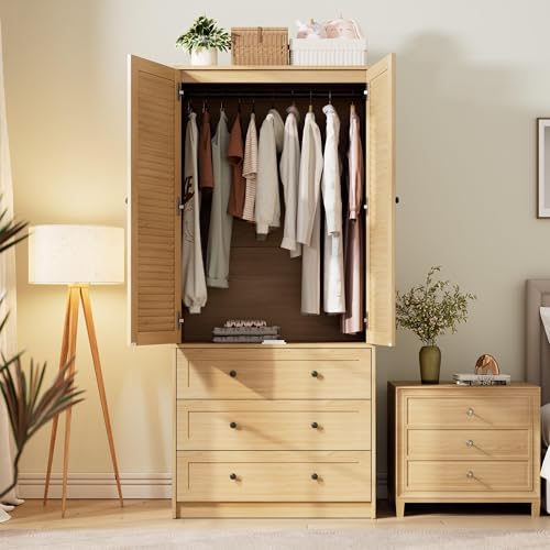 70-Inch Modern Wooden Wardrobe Armoire with 3 Drawers and Hanging Rod