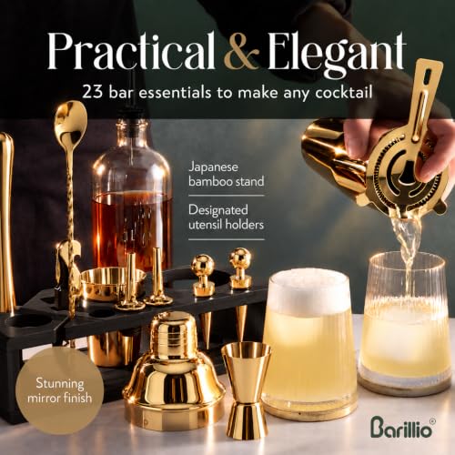 Gold Bartender Kit with Black Bamboo Stand - 23-Piece Cocktail Bar Set for Home Use
