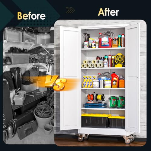 71-Inch Tall Metal Storage Cabinet with Wheels and Adjustable Shelves, White