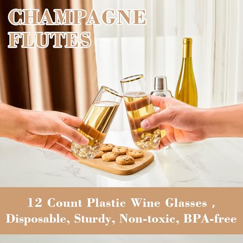 12-Pack Stemless Plastic Champagne Flutes, 9 oz Gold Rim Disposable Cups