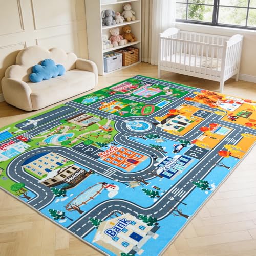 Kids City Road Play Mat - 4' x 5' Non-Slip Washable Toy Car Track Rug