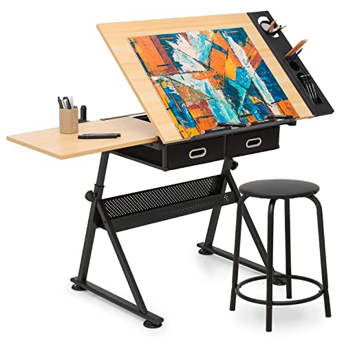 39-inch Adjustable Drafting Table and Stool Set with Storage Drawers
