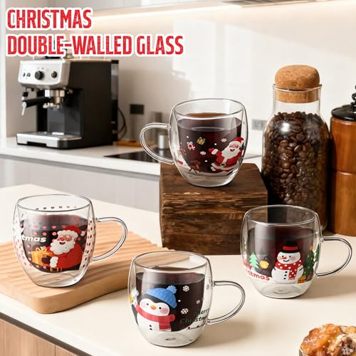 Christmas Double Walled Glass Mug Set with Lids - 8.5 oz Holiday Drinkware