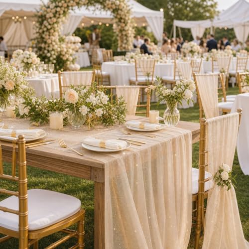 Windkream Champagne Gold 6-Piece Gauze Table Runner 10ft Glitter Sheer Decor