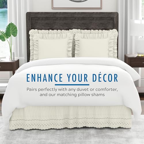 Ruffled Queen Bed Skirt with Eyelet Embroidery - 14 Inch Drop, Ivory