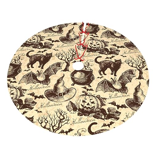 Vintage Halloween Black Cat Bat Witch Christmas Tree Skirt Floor Mat