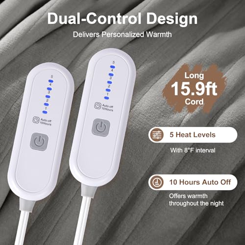 Queen Size Heated Electric Blanket with Dual Control, Grey - 5 Heat Settings, 10-Hour Auto Off, Washable