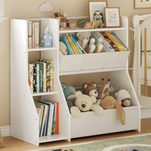 Kids Toy Storage Organizer with 3-Tier Bookshelf and Removable Bins