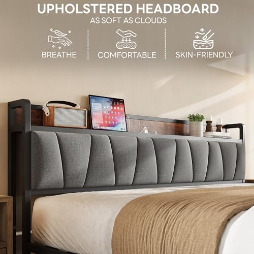 King Size Platform Bed Frame with Storage Headboard & Charging Station