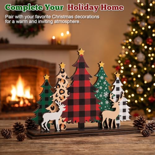 GJNGKSIM Wooden Christmas Tree & Reindeer Sign - Indoor Holiday Decor for Mantel or Shelf