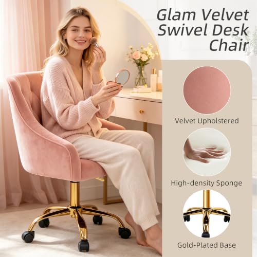 Velvet Office Desk Chair, Adjustable Swivel Vanity Chair with Gold Base