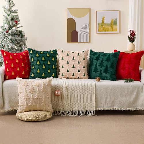 Christmas Pillow Covers 18x18 Set of 2 Green Double Xmas Tree Pillow Covers Soft Plush Faux Fur Christmas Decorations for Xmas Winter Holiday Home Bedroom Sofa Cushion Cases PT-008A18