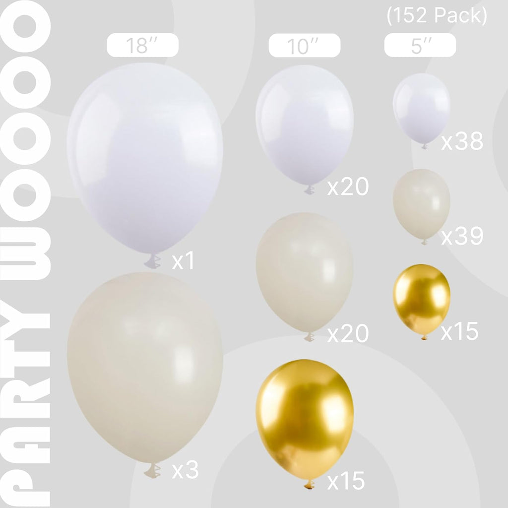 PartyWoo Balloon Arch Kit - 152pcs White & Gold Balloons for Baby Showers, Graduations & Weddings | 18", 12", 10", 5" Sizes
