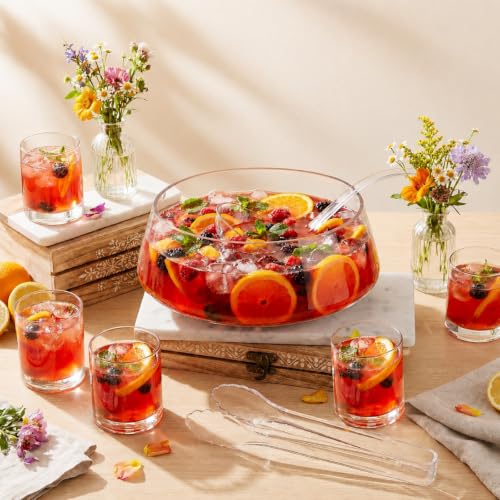 9-Piece Glass Punch Bowl Set with Ladle, Tongs, and 6 Serving Glasses